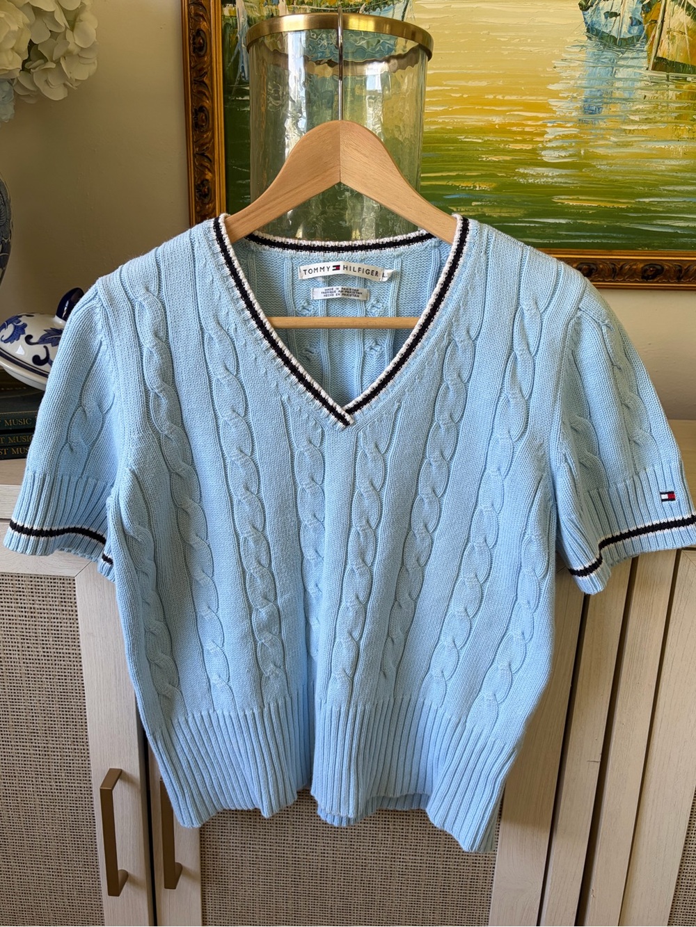 Tommy Hilfiger Pale Blue Cable-Knit V-Neck Sweater with Navy Trim-00B - Picture 2 of 9